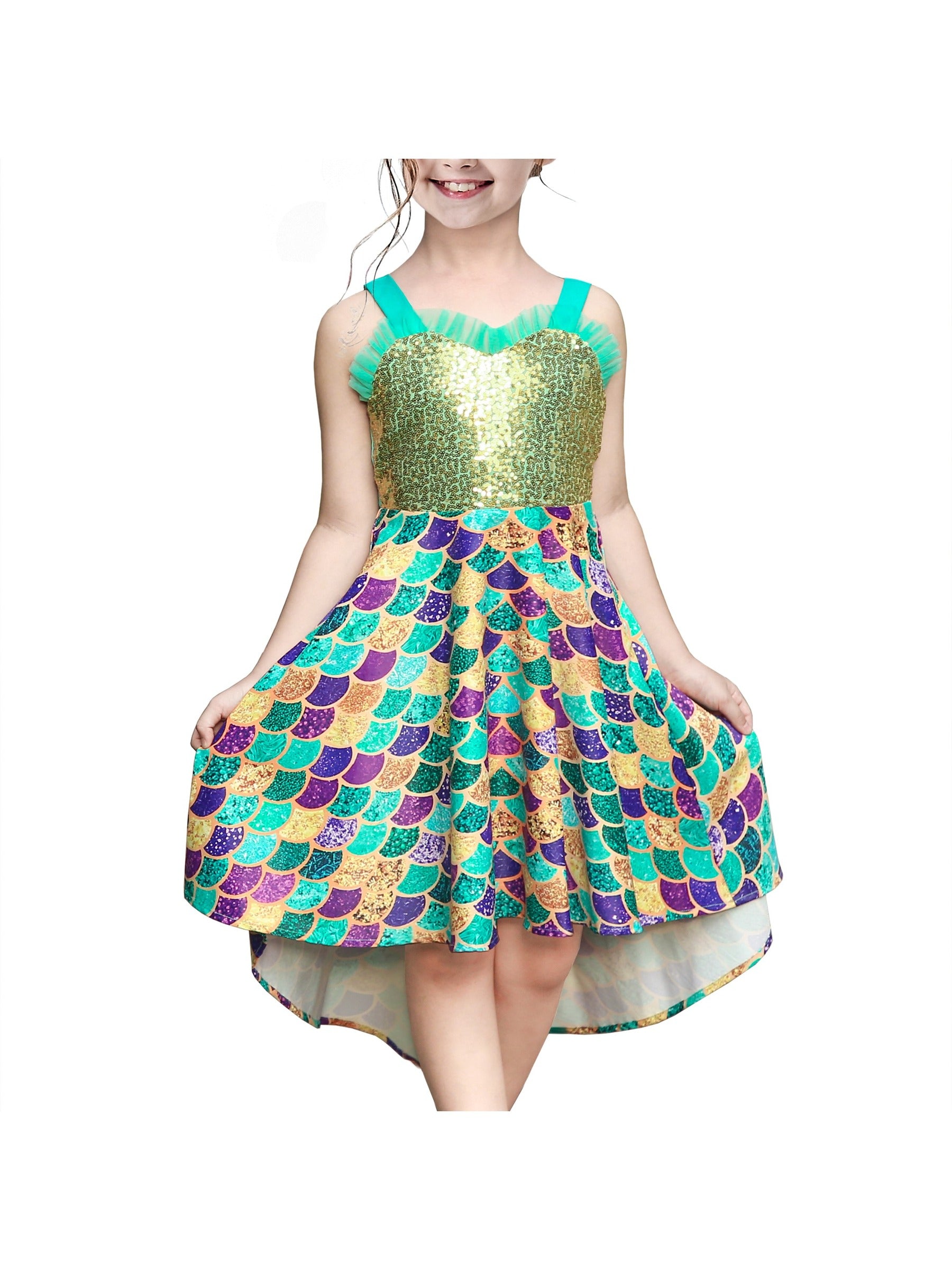 Girls Dress Mermaid Sequin Fish Scale Hi-lo Skirt Pretend Ruffle Sleeveless Green