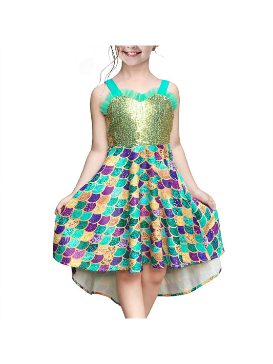 Girls Dress Mermaid Sequin Fish Scale Hi-lo Skirt Pretend Ruffle Sleeveless Green