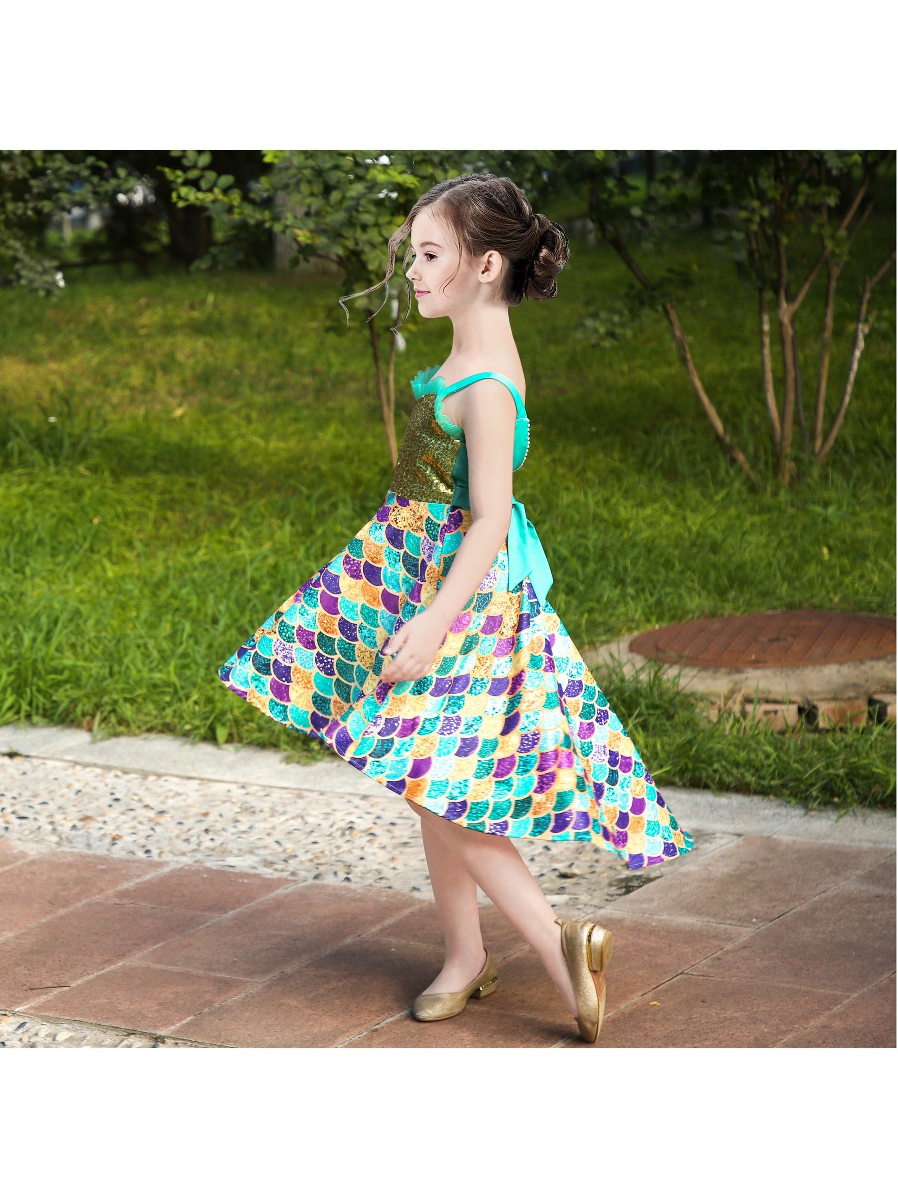 Girls Dress Mermaid Sequin Fish Scale Hi-lo Skirt Pretend Ruffle Sleeveless Green