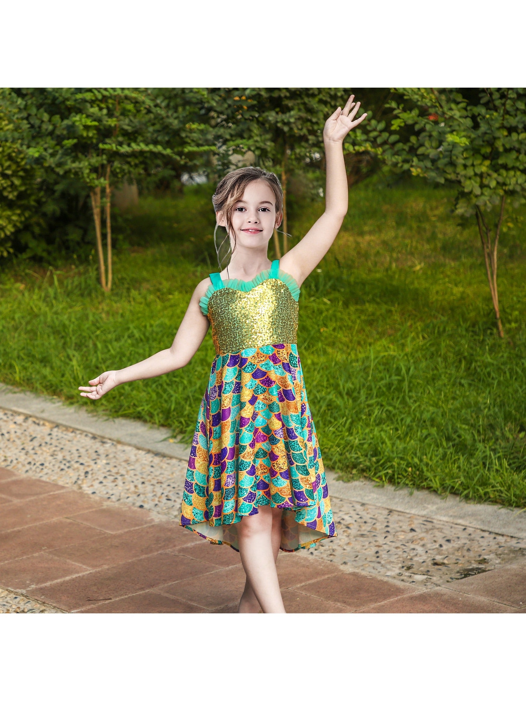 Girls Dress Mermaid Sequin Fish Scale Hi-lo Skirt Pretend Ruffle Sleeveless Green