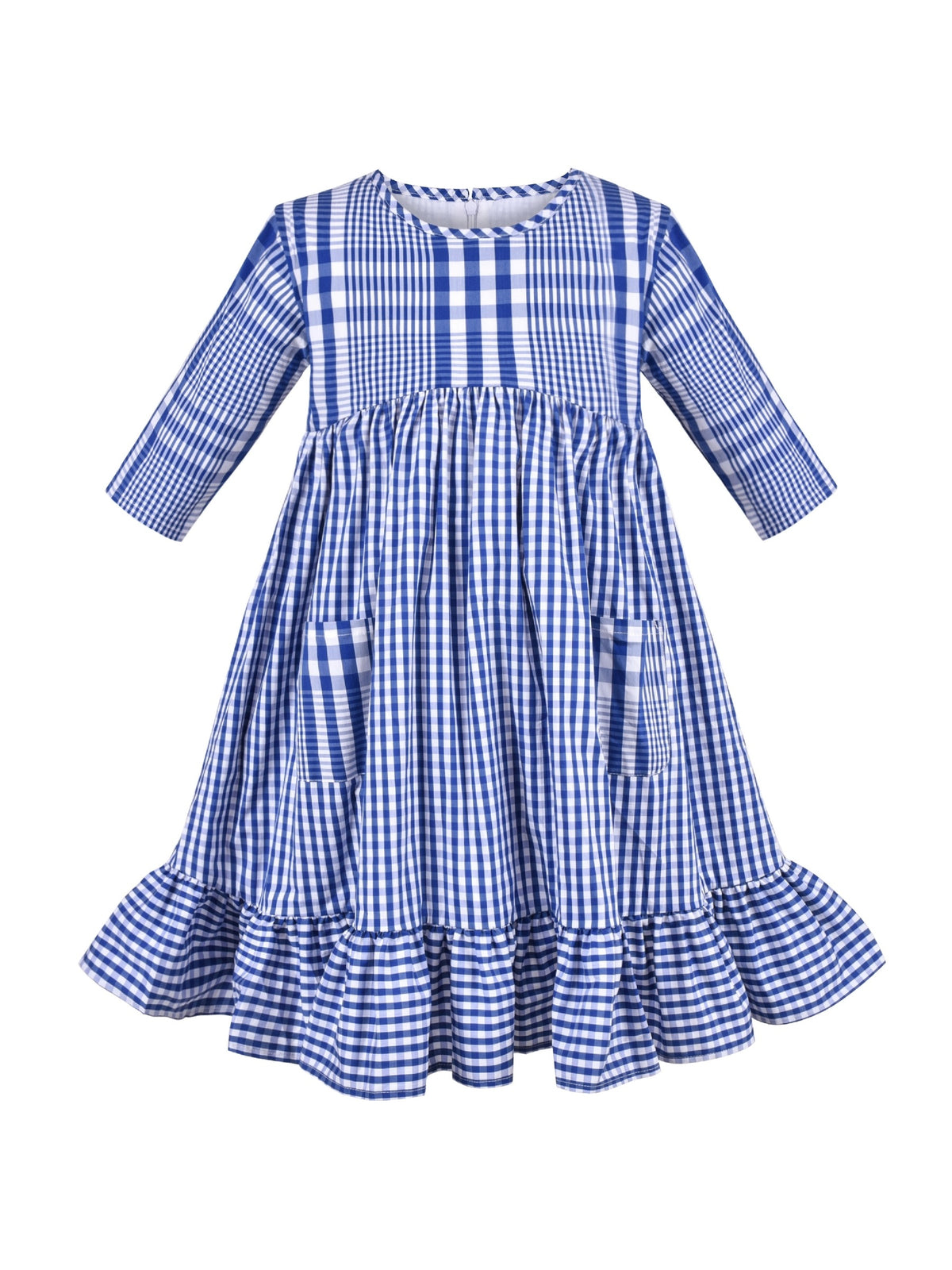 Girls Dress Denim Blue Short Sleeve School Uniform - Blue Plaid