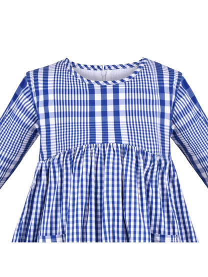 Girls Dress Denim Blue Short Sleeve School Uniform - Blue Plaid