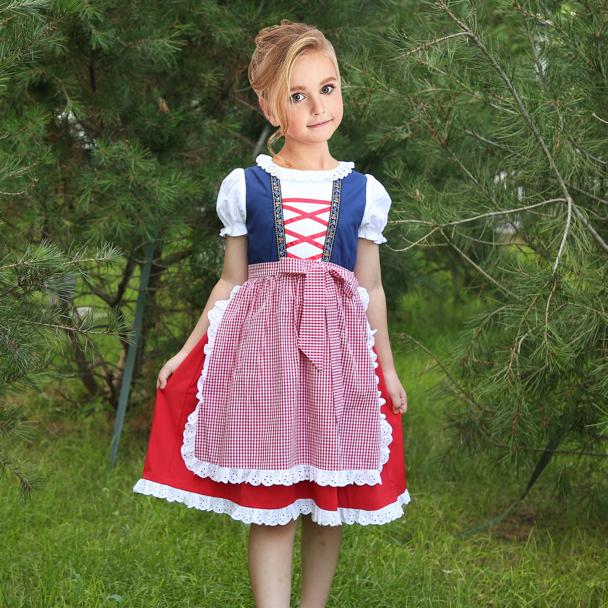 Girls German Dirndl Dress Costumes for Bavarian Oktoberfest Long Sleeve - Red