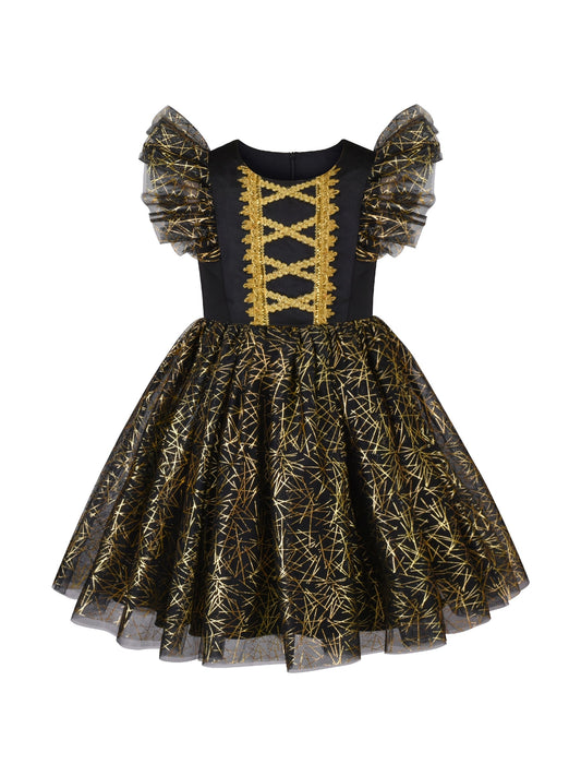 Girls Dress Black Gold Line Shiny Applique Princess Party Flare Sleeve Black