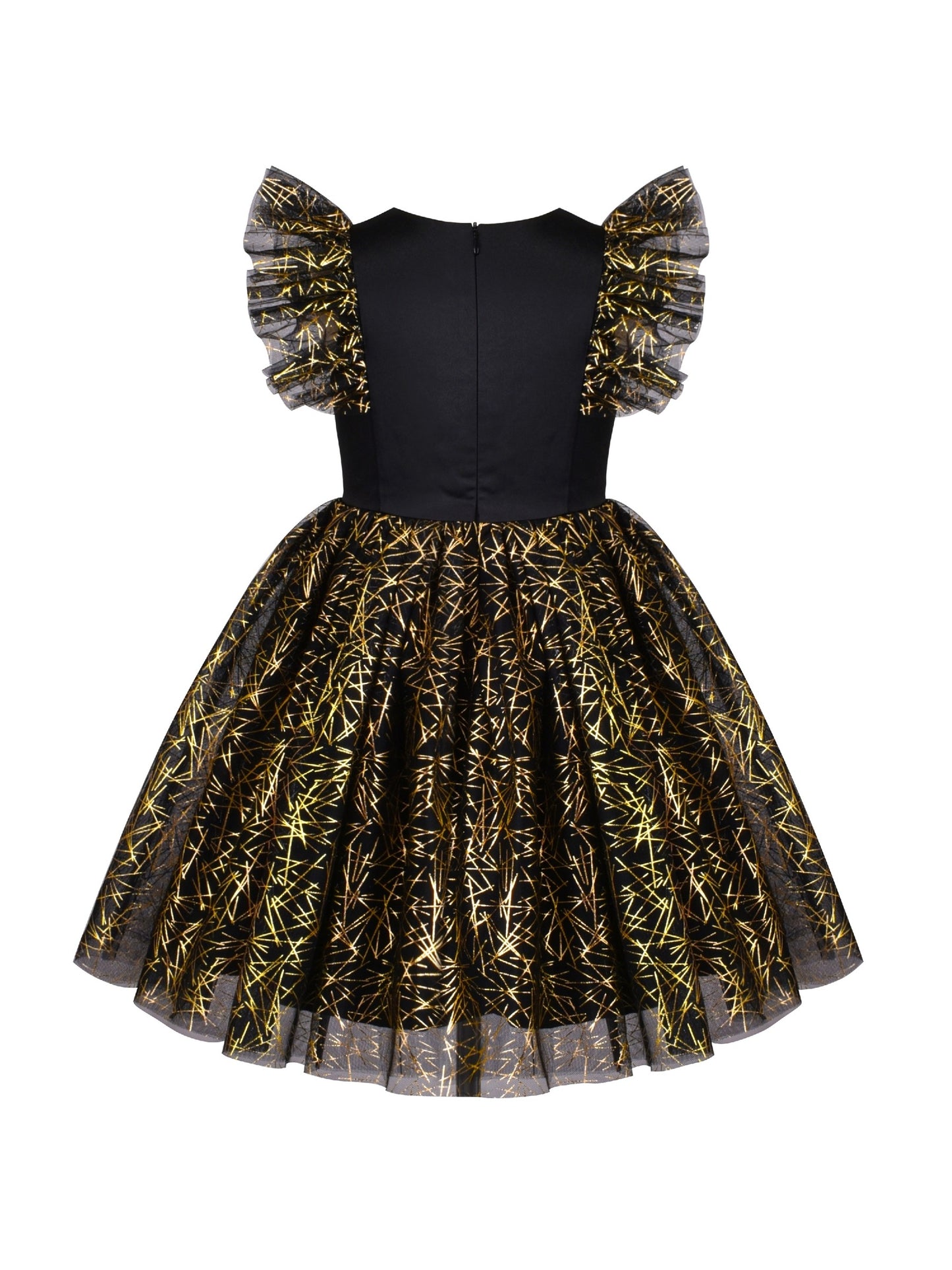 Girls Dress Black Gold Line Shiny Applique Princess Party Flare Sleeve Black