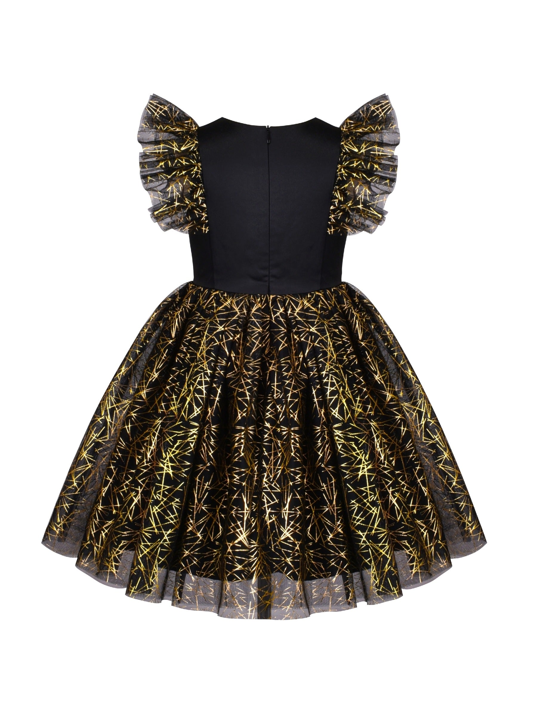 Girls Dress Black Gold Line Shiny Applique Princess Party Flare Sleeve Black
