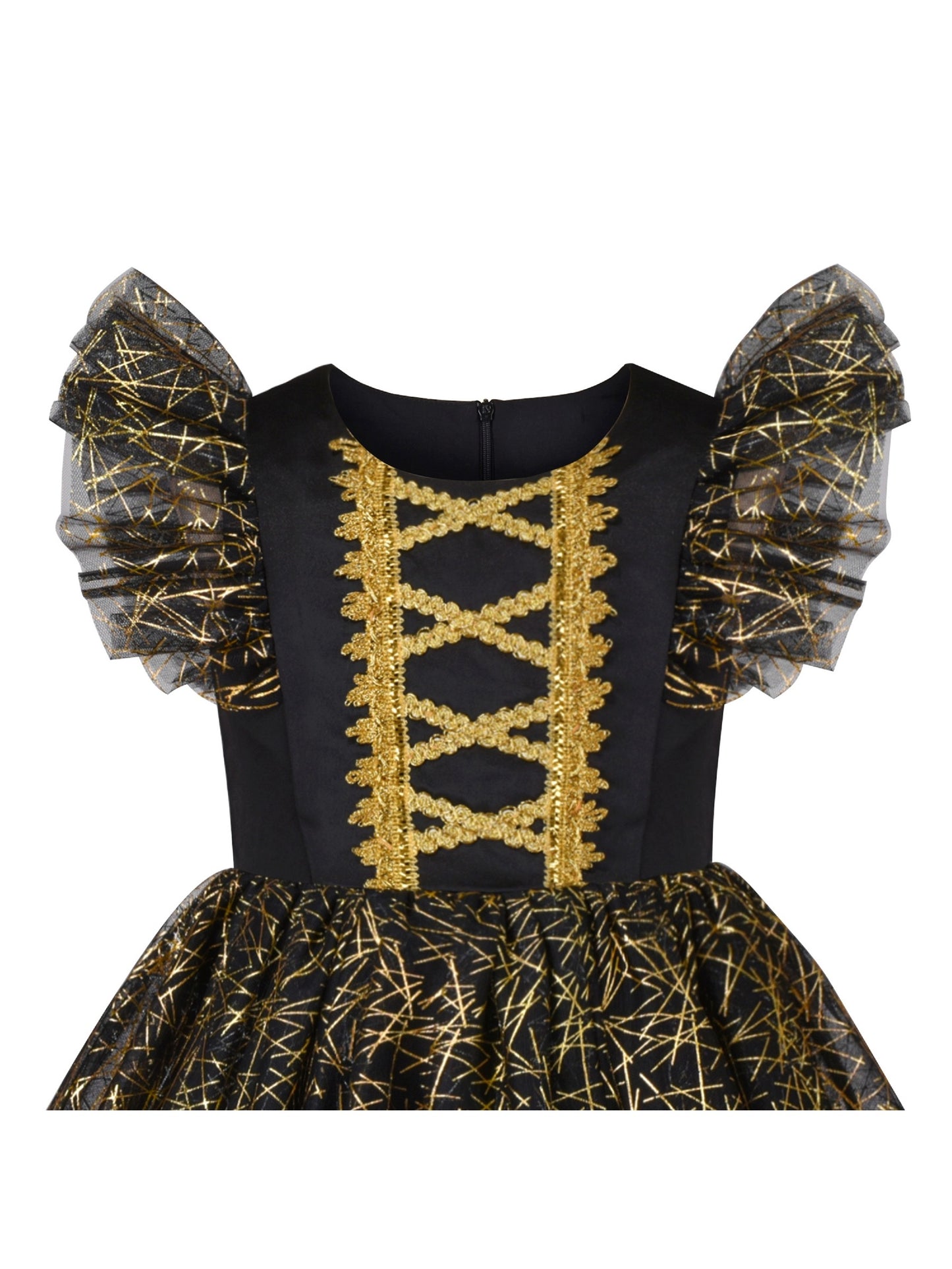 Girls Dress Black Gold Line Shiny Applique Princess Party Flare Sleeve Black