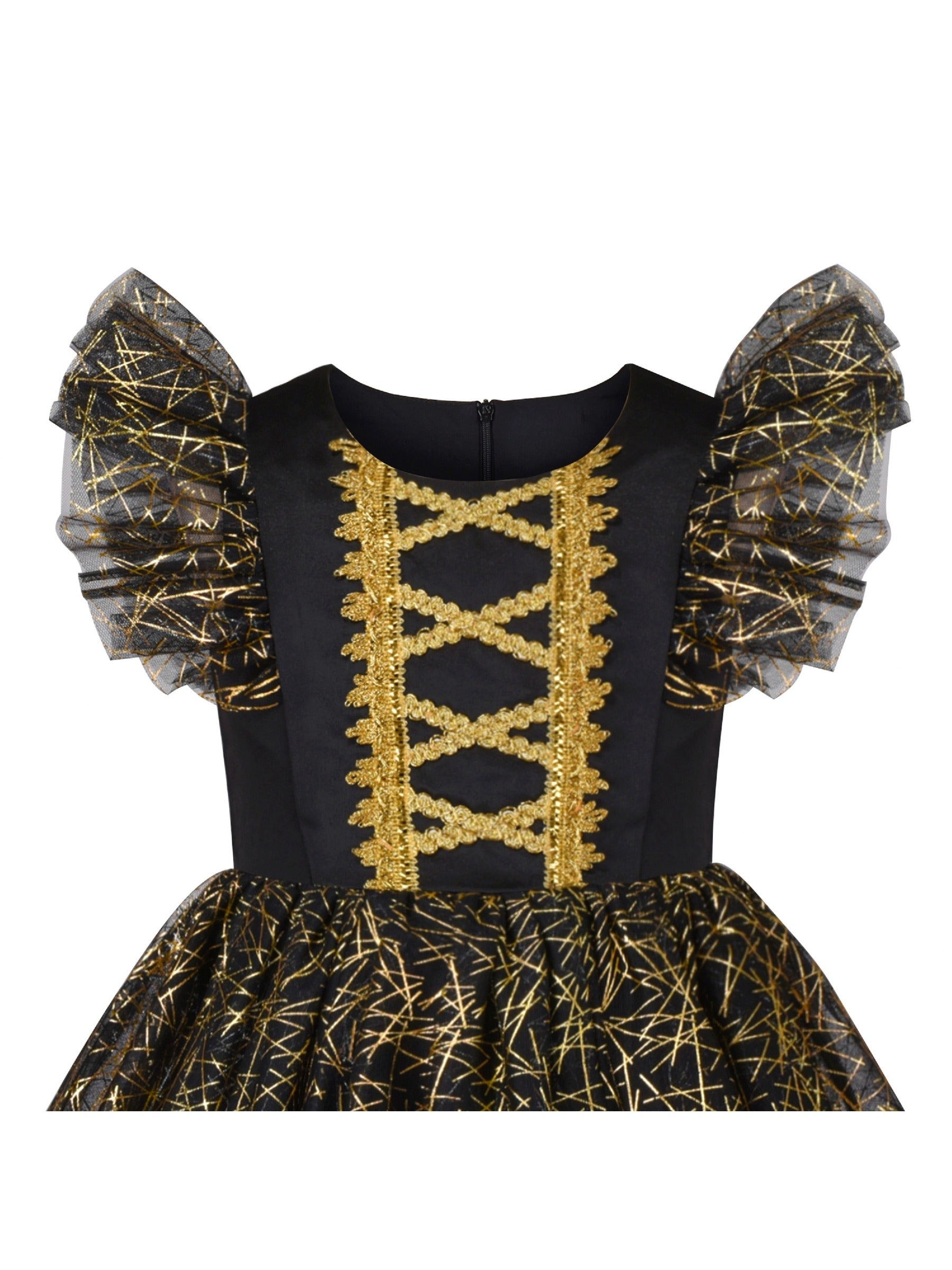 Girls Dress Black Gold Line Shiny Applique Princess Party Flare Sleeve Black
