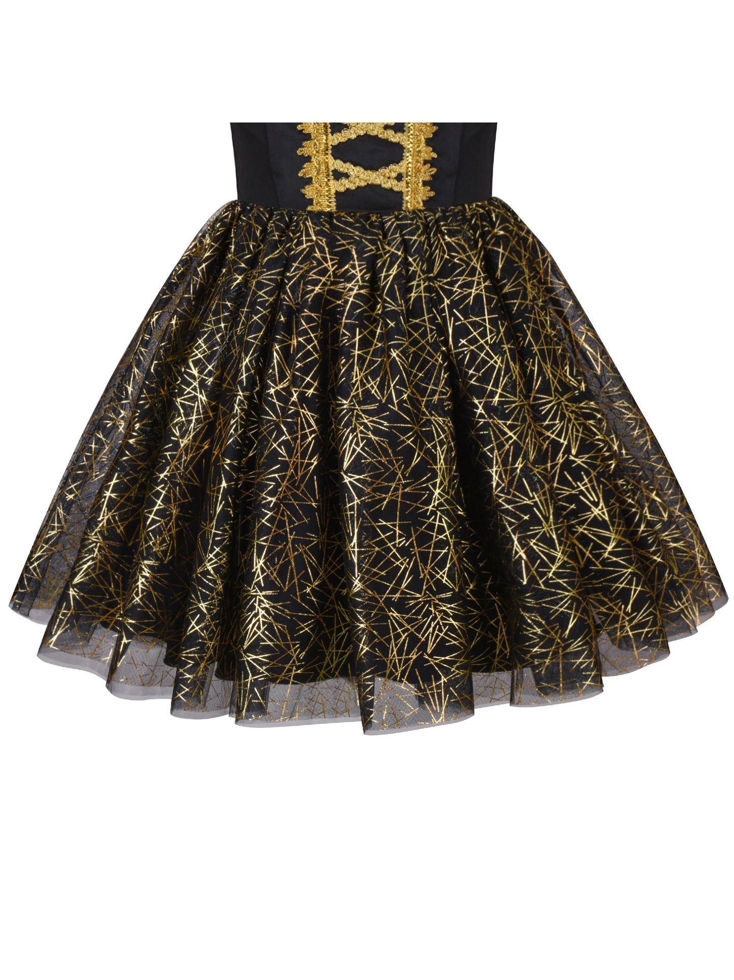 Girls Dress Black Gold Line Shiny Applique Princess Party Flare Sleeve Black