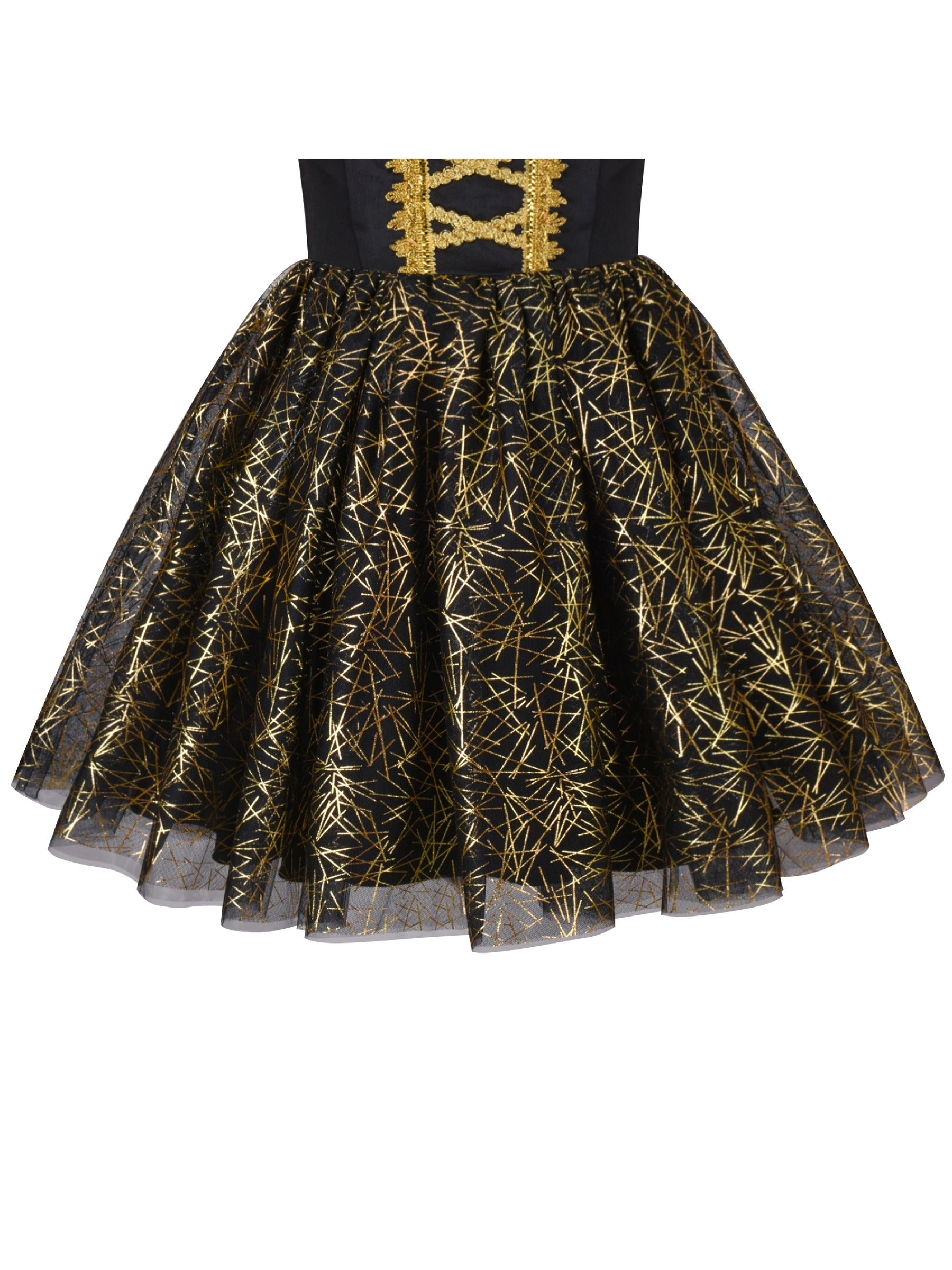 Girls Dress Black Gold Line Shiny Applique Princess Party Flare Sleeve Black