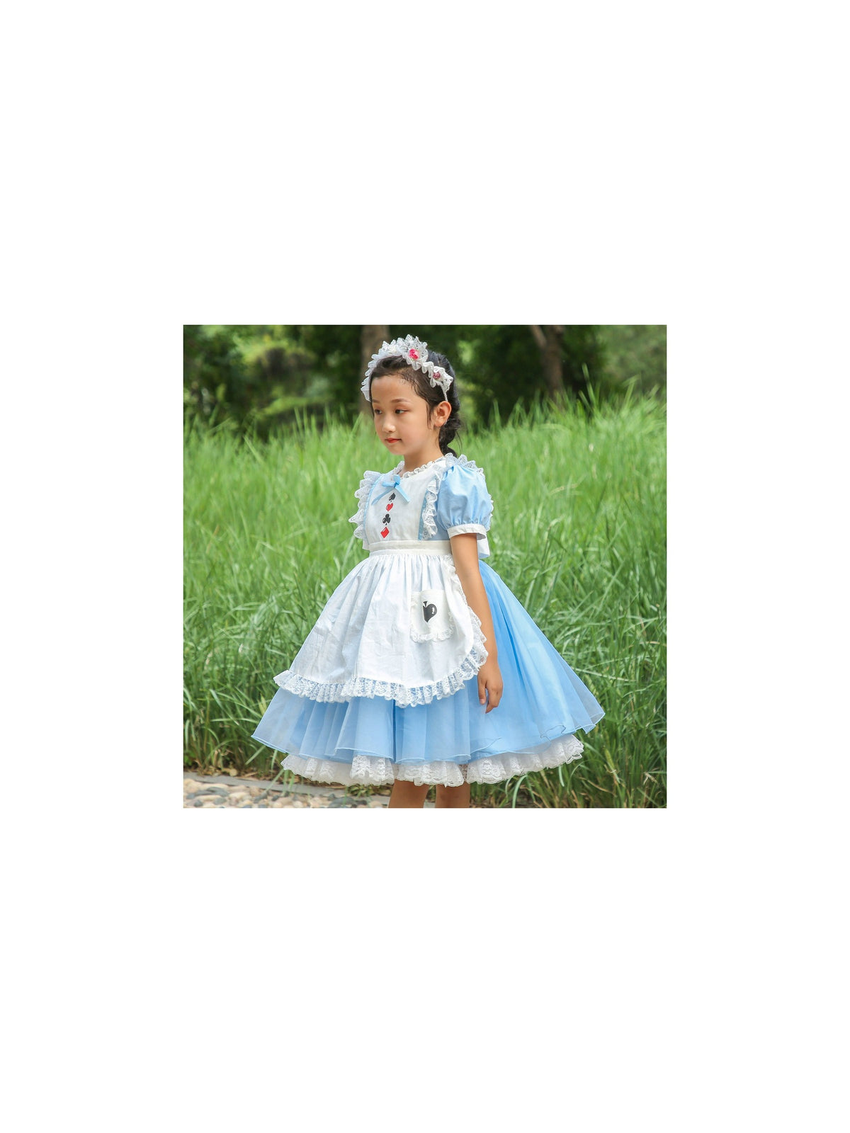 Girls German Dirndl Dress Costumes for Bavarian Oktoberfest Long Sleeve - Blue Poker