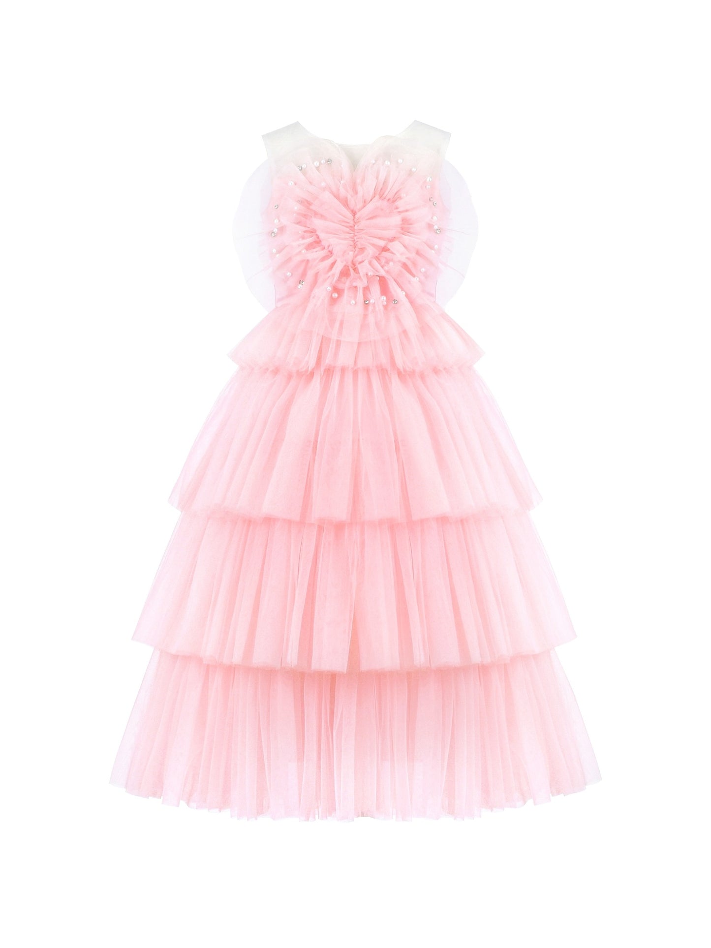 Flower Girls Dress Pink Cake Skirt Pearl Diamond Heart Bodice Backless Pink