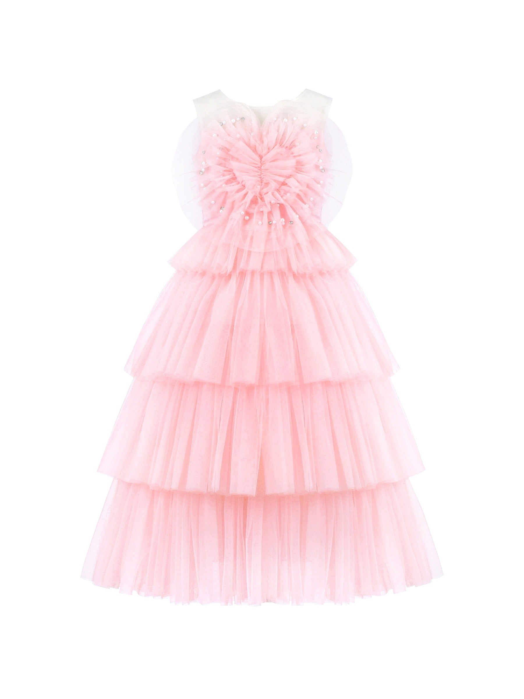 Flower Girls Dress Pink Cake Skirt Pearl Diamond Heart Bodice Backless Pink