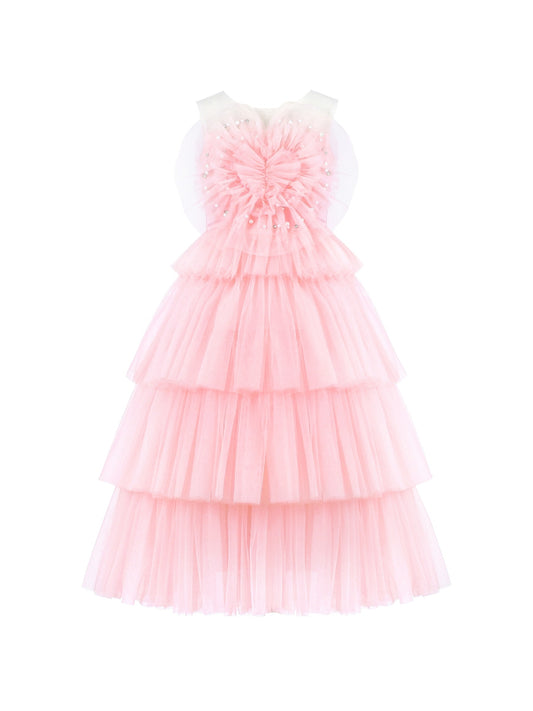 Flower Girls Dress Pink Cake Skirt Pearl Diamond Heart Bodice Backless Pink