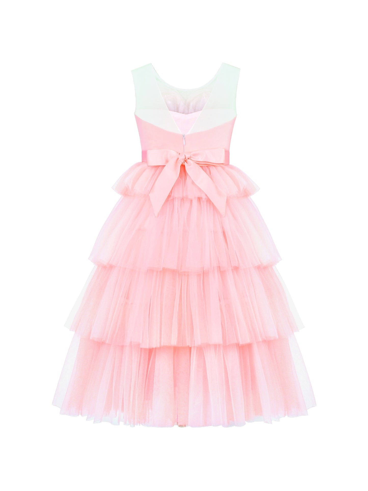 Flower Girls Dress Pink Cake Skirt Pearl Diamond Heart Bodice Backless Pink