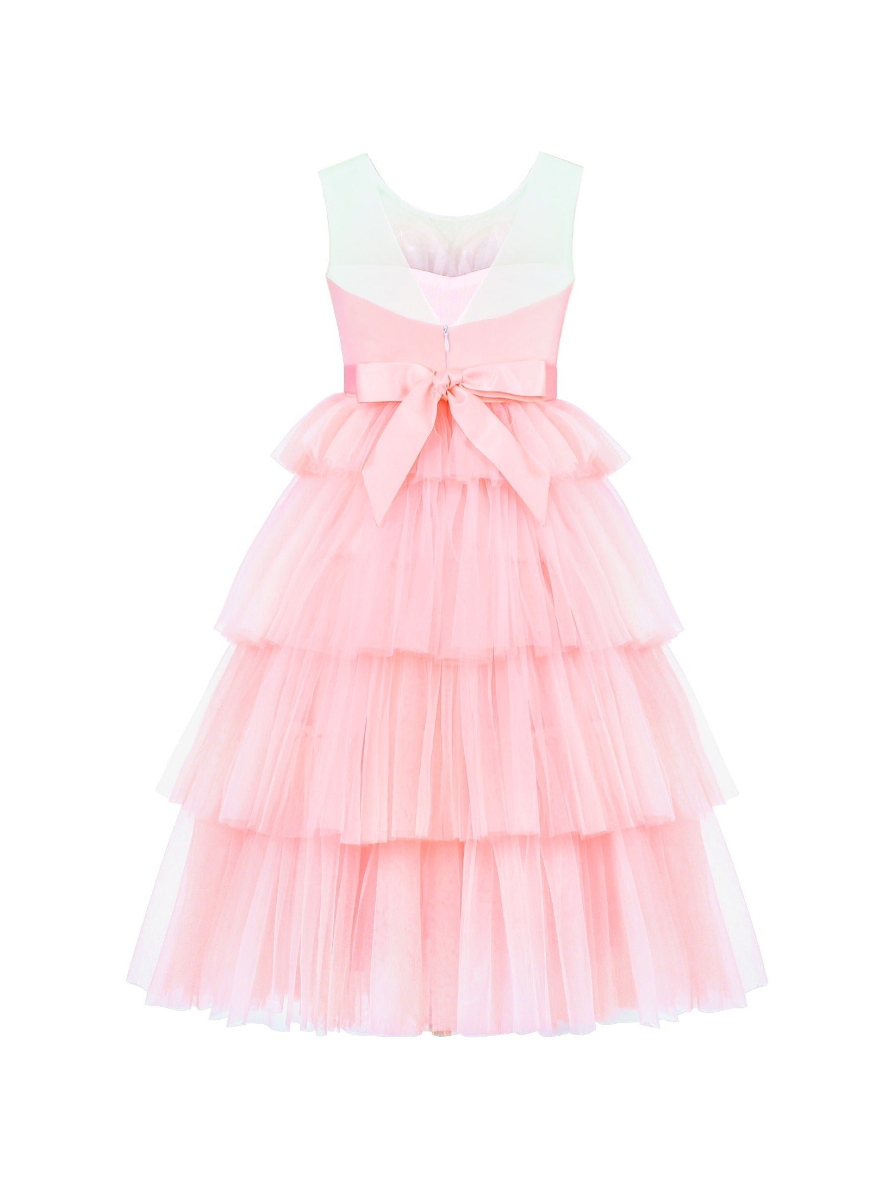 Flower Girls Dress Pink Cake Skirt Pearl Diamond Heart Bodice Backless Pink