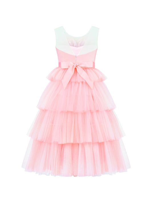 Flower Girls Dress Pink Cake Skirt Pearl Diamond Heart Bodice Backless Pink