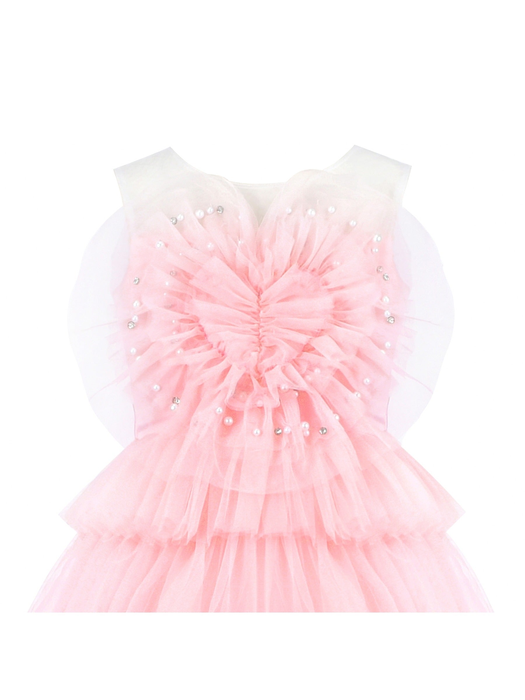 Flower Girls Dress Pink Cake Skirt Pearl Diamond Heart Bodice Backless Pink