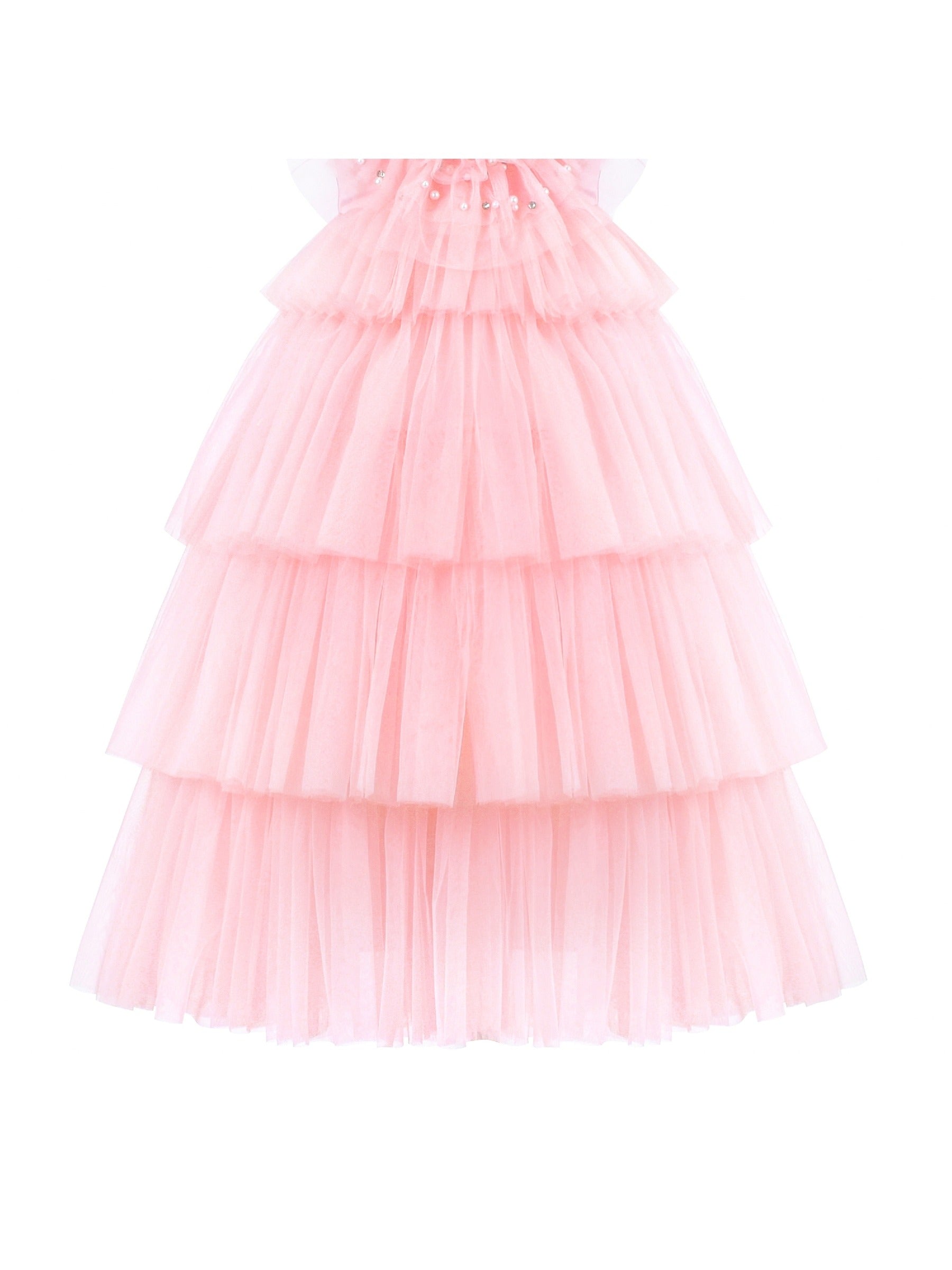 Flower Girls Dress Pink Cake Skirt Pearl Diamond Heart Bodice Backless Pink