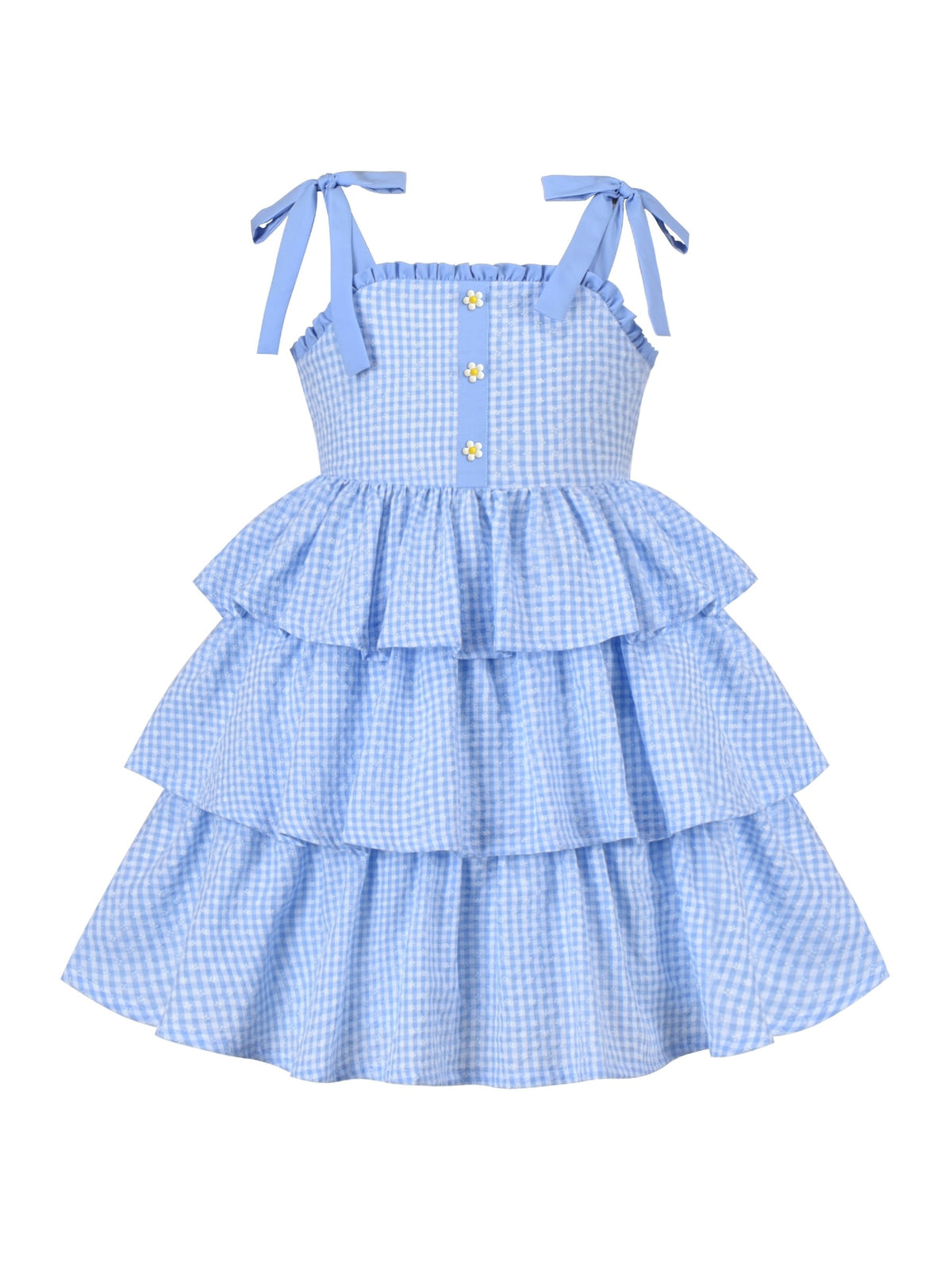 Girls Dress Spaghetti Gingham Ruffle Blush Pink Cake Layer Cute Summer - Blue Plaid