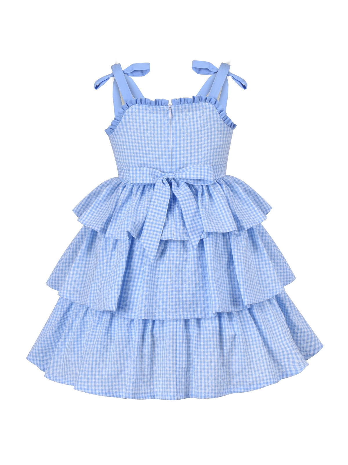Girls Dress Spaghetti Gingham Ruffle Blush Pink Cake Layer Cute Summer - Blue Plaid