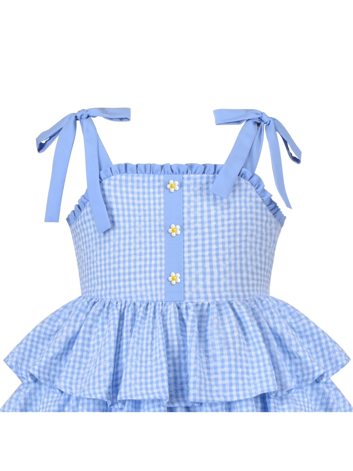 Girls Dress Spaghetti Gingham Ruffle Blush Pink Cake Layer Cute Summer - Blue Plaid