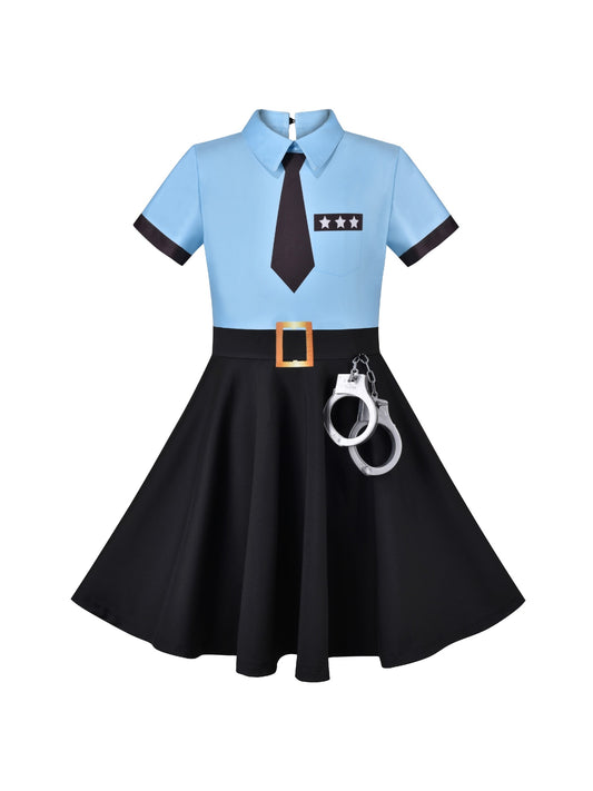 Girls Dress Halloween Pretend Police Uniform Necktie Short Sleeve Blue