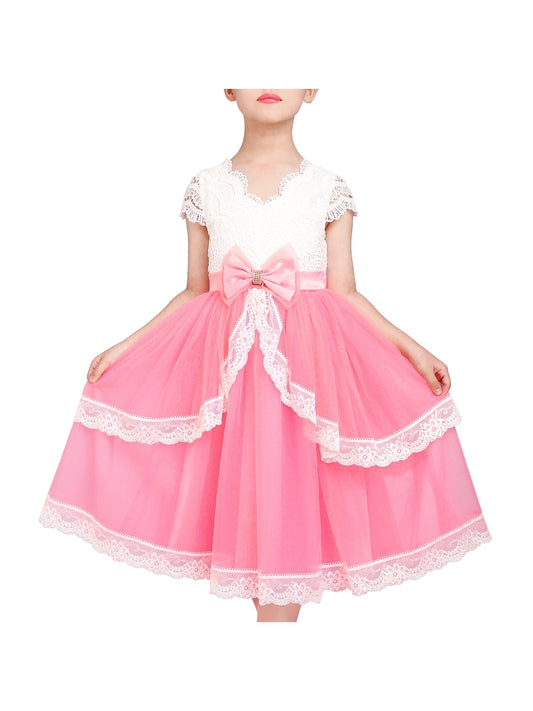 Flower Girls Dress Lace Pink Princess Hollow Back Layered Ribbon Bow Tie Pink