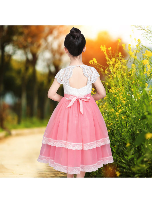 Flower Girls Dress Lace Pink Princess Hollow Back Layered Ribbon Bow Tie Pink