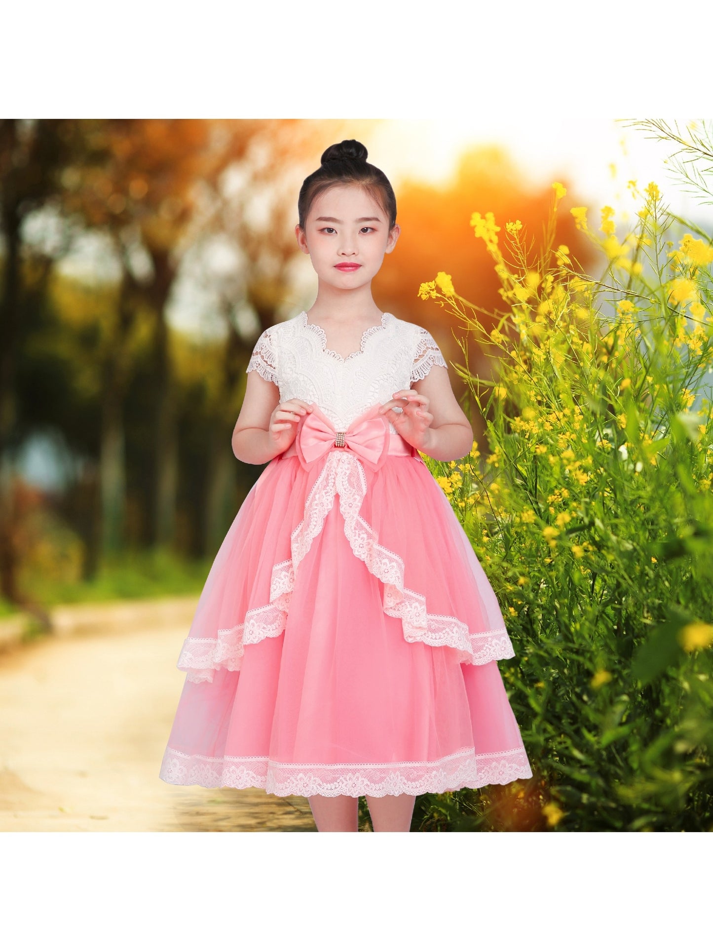 Flower Girls Dress Lace Pink Princess Hollow Back Layered Ribbon Bow Tie Pink