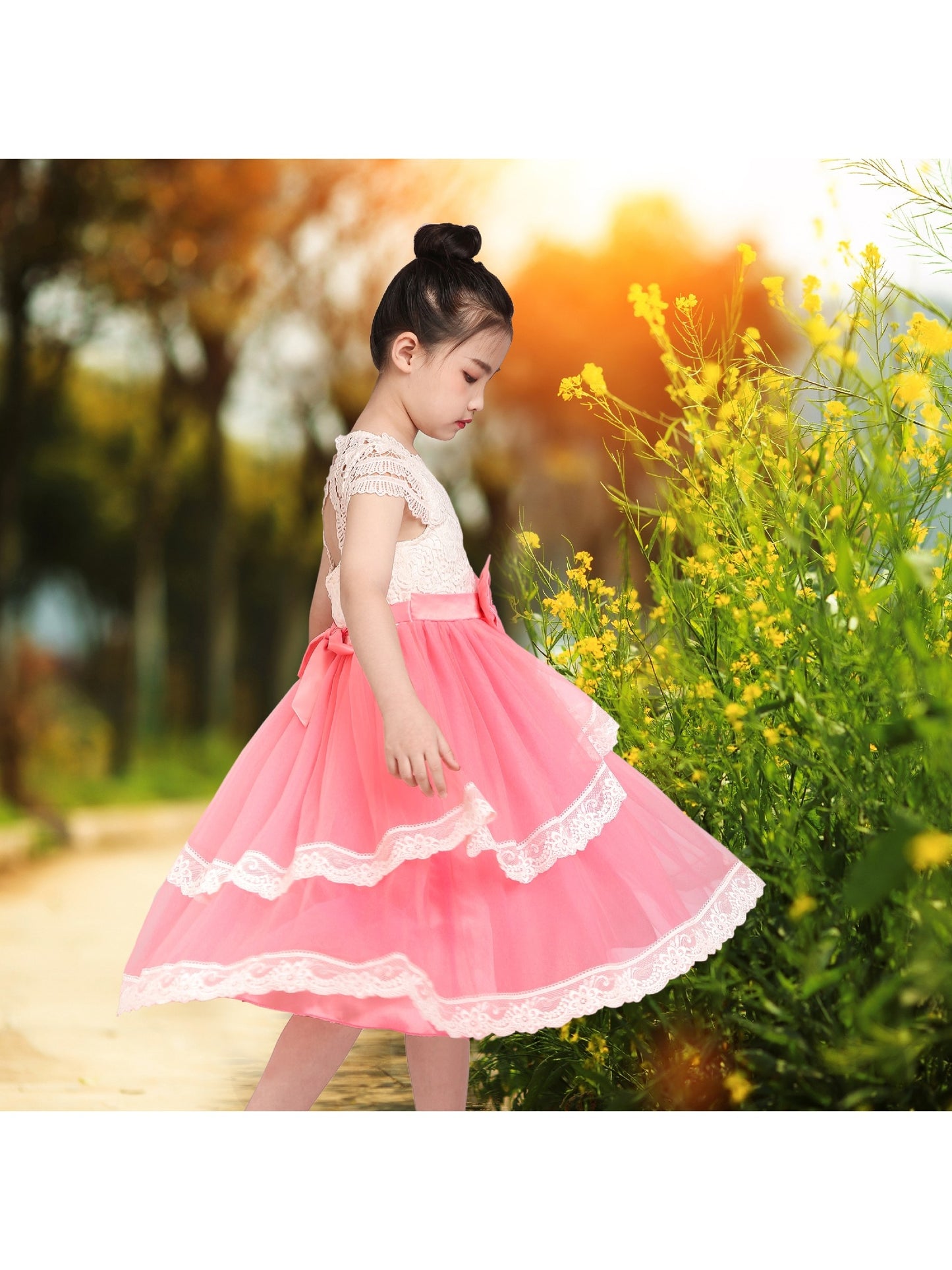Flower Girls Dress Lace Pink Princess Hollow Back Layered Ribbon Bow Tie Pink