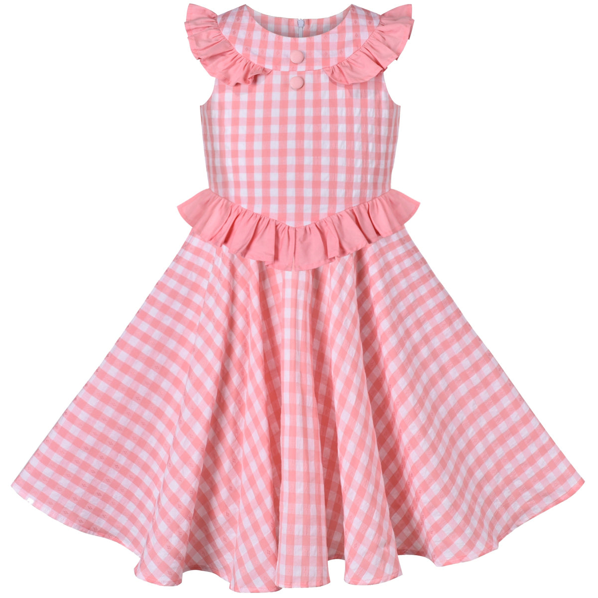 Girls Dress Lime Gingham Check Classic Waist Ruffle Cap Sleeve Casual - Pink Plaid
