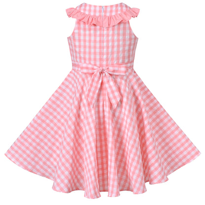 Girls Dress Lime Gingham Check Classic Waist Ruffle Cap Sleeve Casual - Pink Plaid
