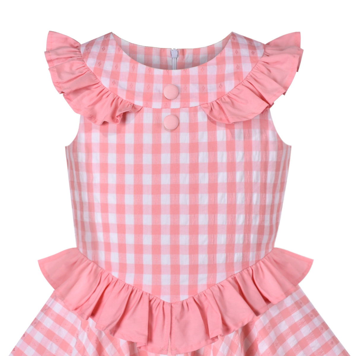 Girls Dress Lime Gingham Check Classic Waist Ruffle Cap Sleeve Casual - Pink Plaid