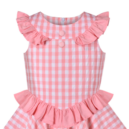 Girls Dress Lime Gingham Check Classic Waist Ruffle Cap Sleeve Casual - Pink Plaid