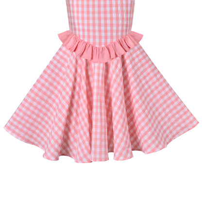 Girls Dress Lime Gingham Check Classic Waist Ruffle Cap Sleeve Casual - Pink Plaid