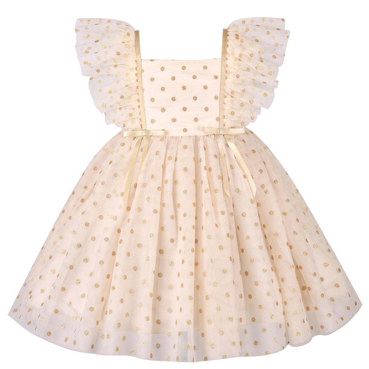 Girls Dress Black Gold Line Shiny Applique Princess Party Flare Sleeve Beige