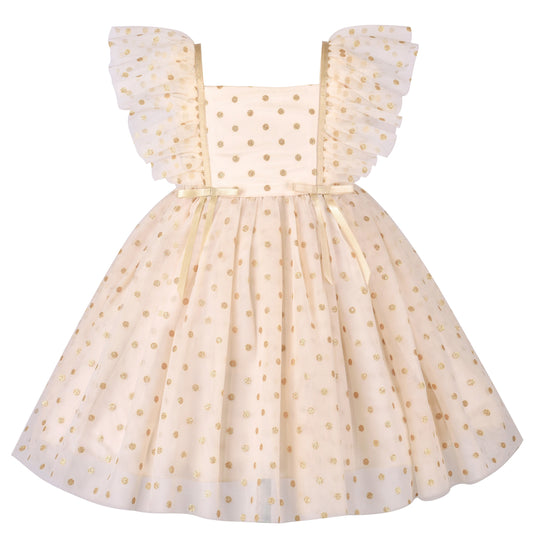 Girls Dress Black Gold Line Shiny Applique Princess Party Flare Sleeve Beige