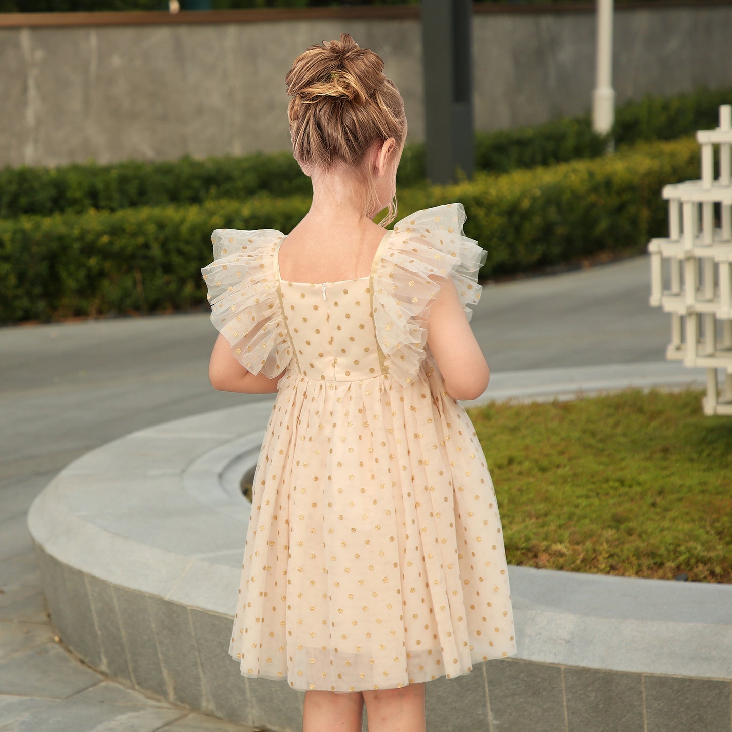 Girls Dress Black Gold Line Shiny Applique Princess Party Flare Sleeve Beige