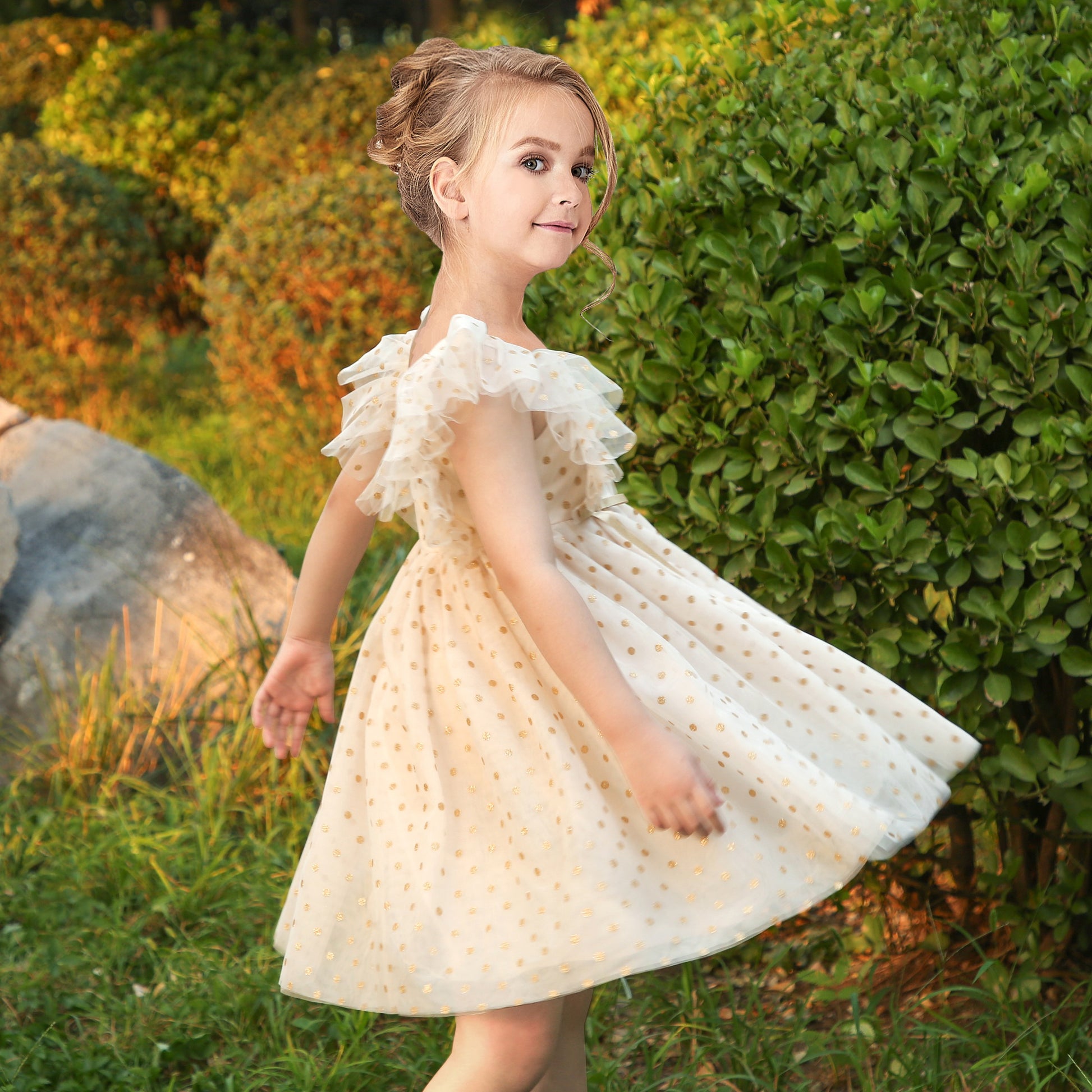 Girls Dress Black Gold Line Shiny Applique Princess Party Flare Sleeve Beige