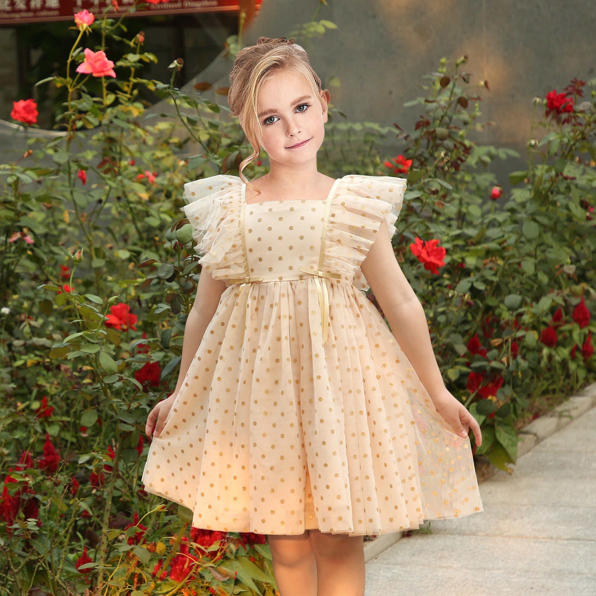 Girls Dress Black Gold Line Shiny Applique Princess Party Flare Sleeve Beige