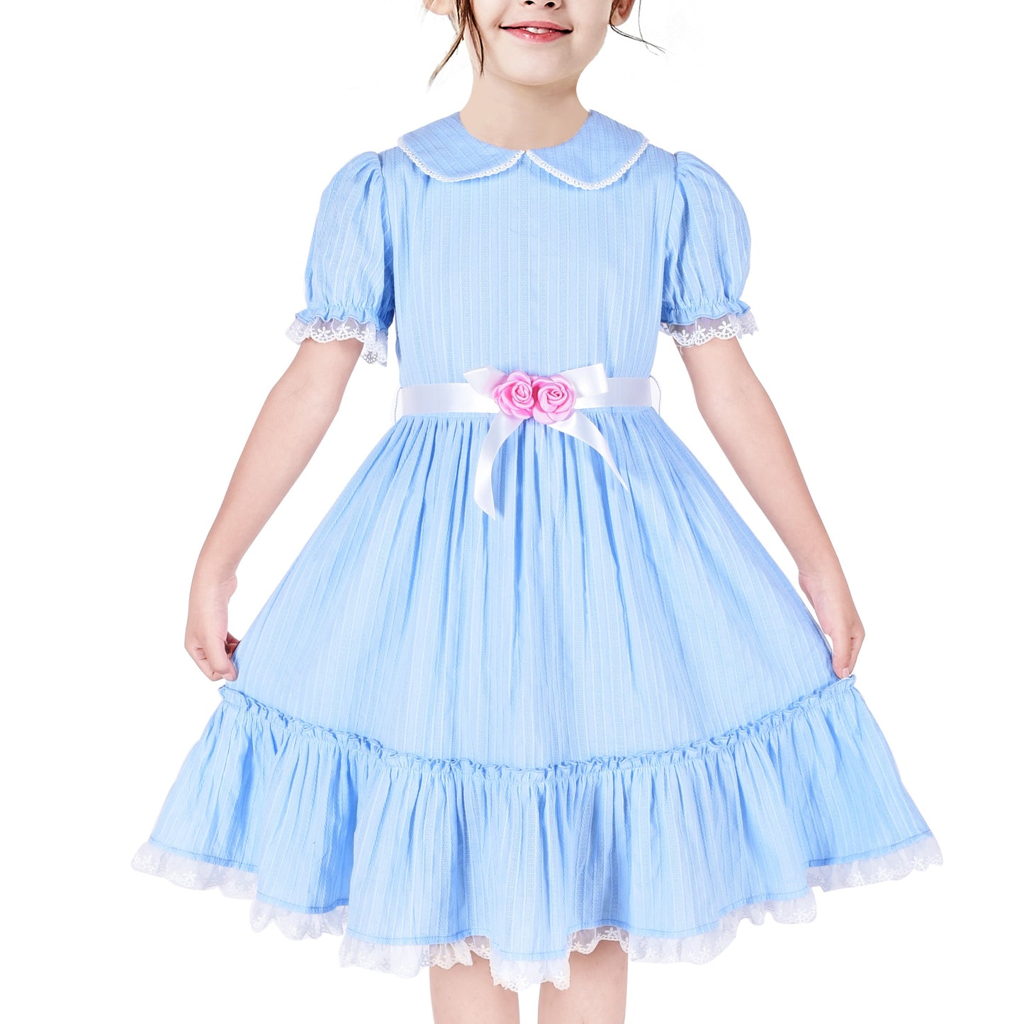 Girls Dress Red Chiffon Swiss Dot Stand Collar Ruffle Puff Short Sleeve Blue