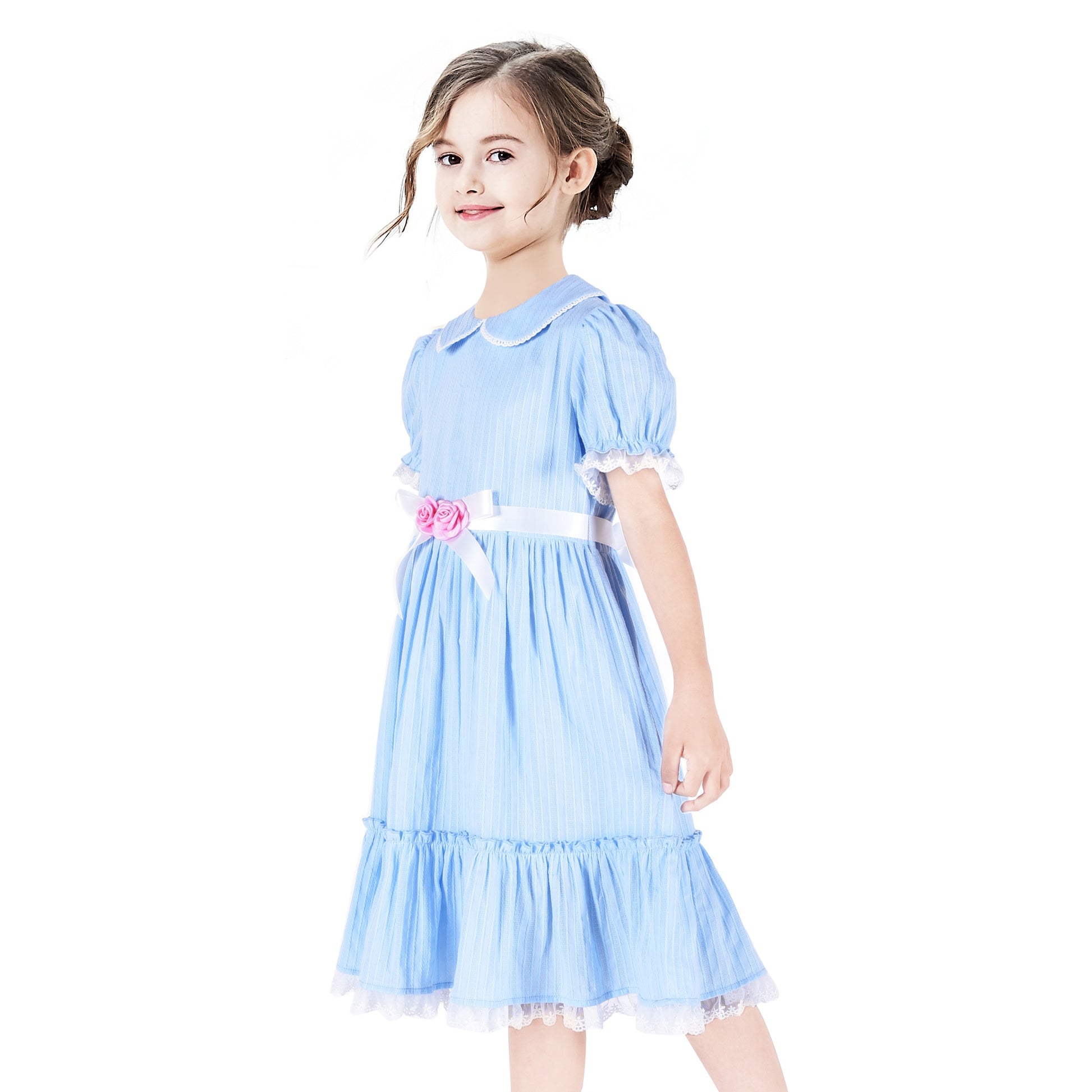 Girls Dress Red Chiffon Swiss Dot Stand Collar Ruffle Puff Short Sleeve Blue