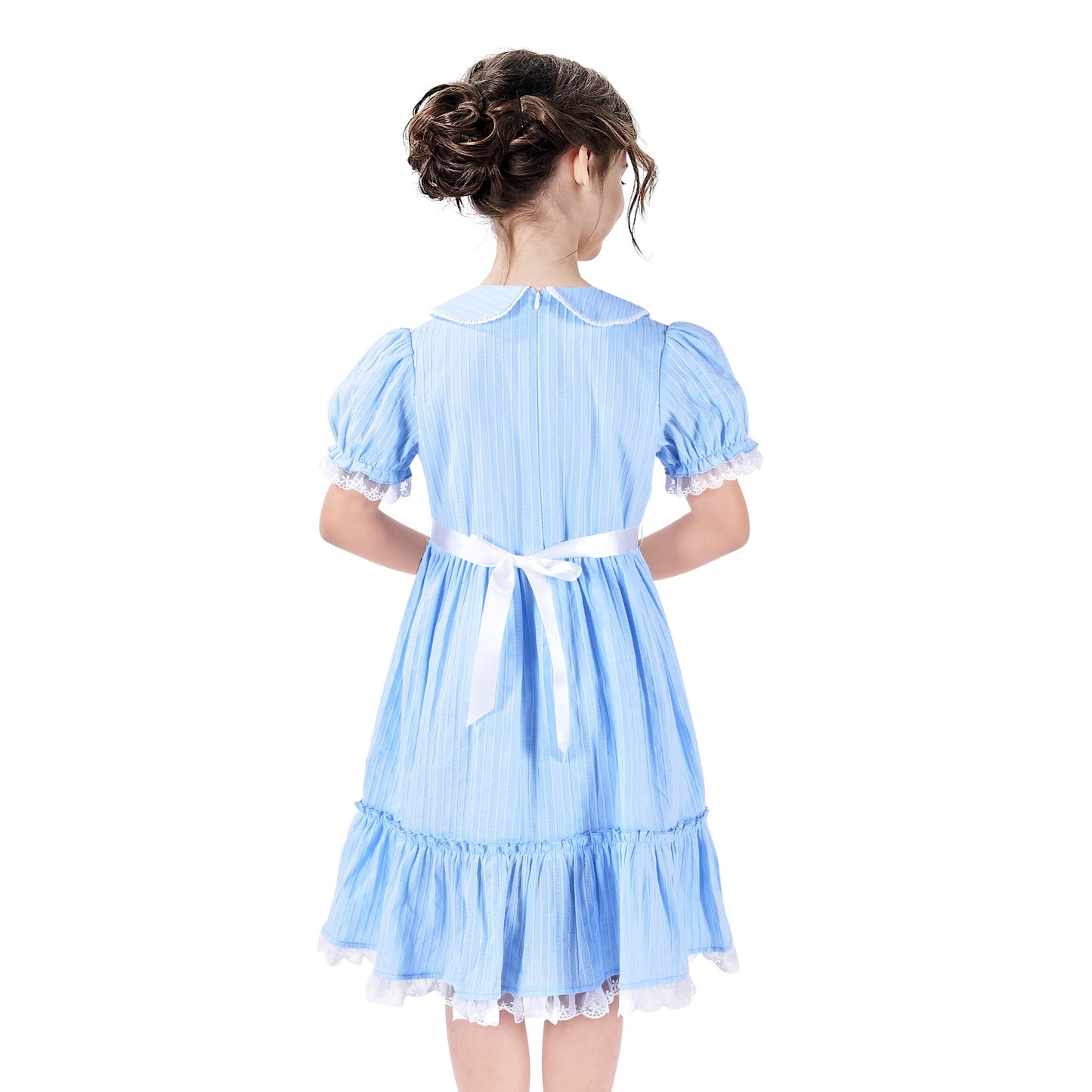 Girls Dress Red Chiffon Swiss Dot Stand Collar Ruffle Puff Short Sleeve Blue