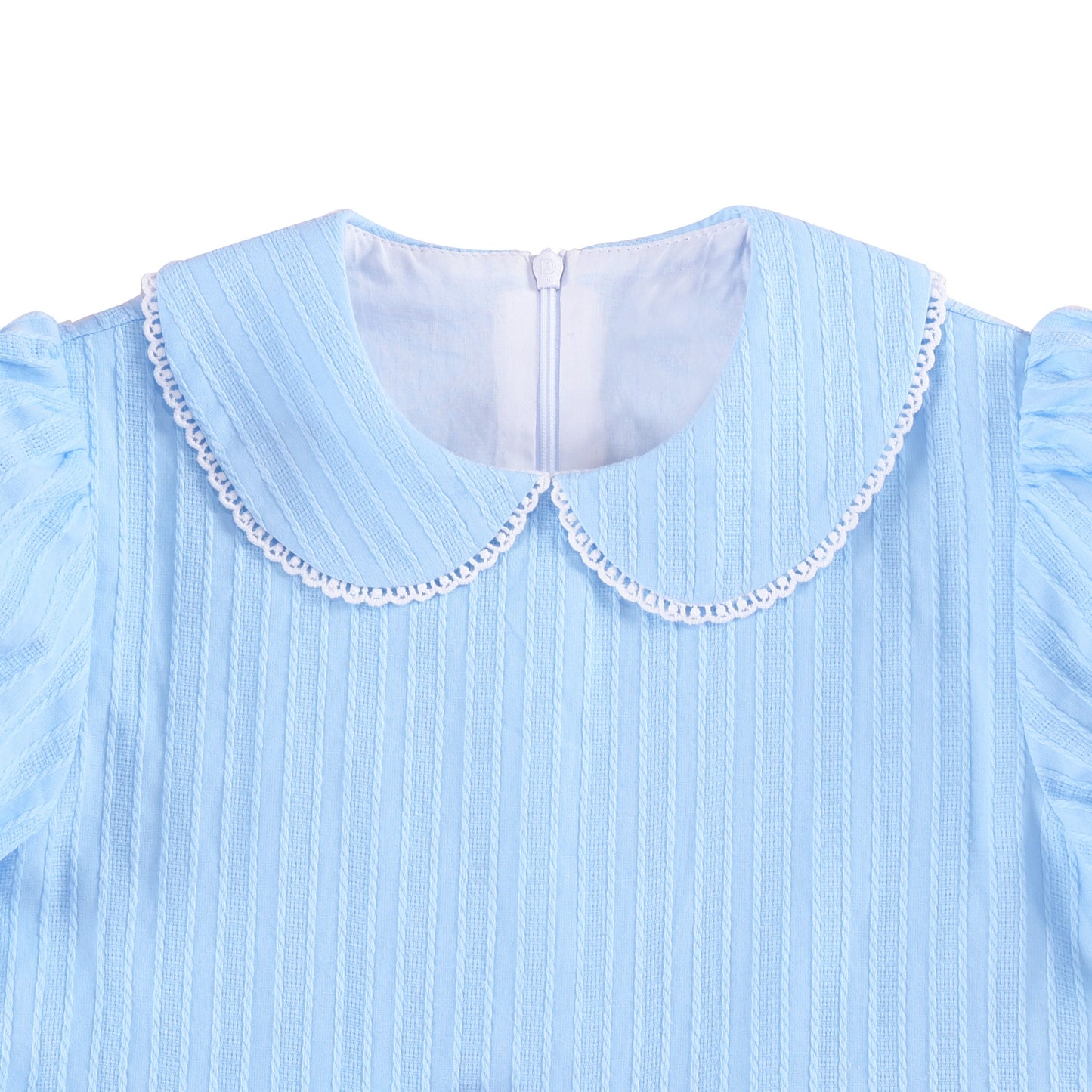 Girls Dress Red Chiffon Swiss Dot Stand Collar Ruffle Puff Short Sleeve Blue