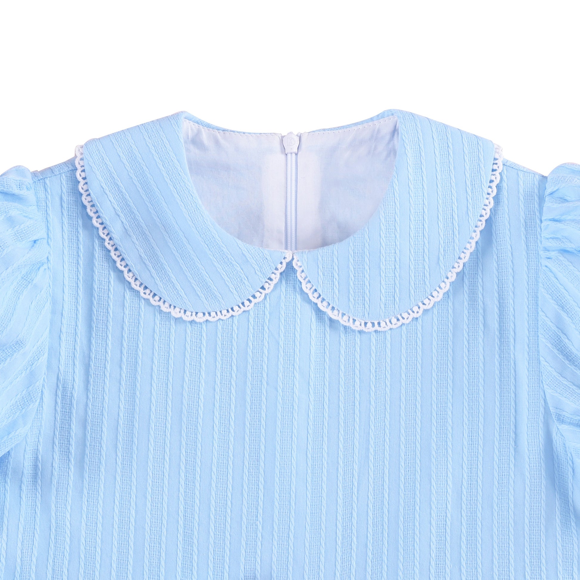 Girls Dress Red Chiffon Swiss Dot Stand Collar Ruffle Puff Short Sleeve Blue