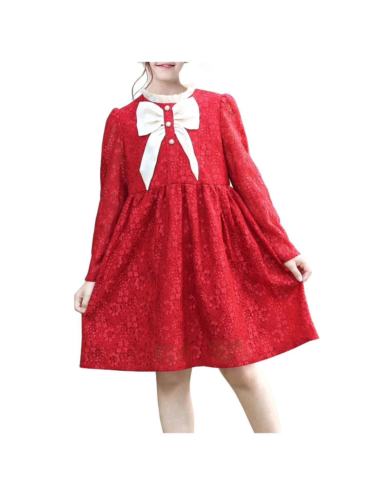 Girls Dress Flower Lace White Collar Skirt Dress Red