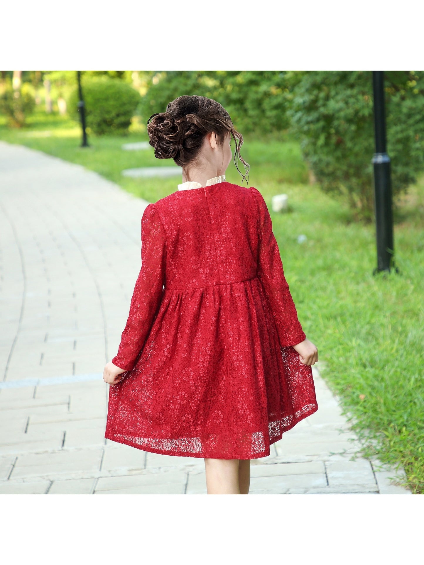Girls Dress Flower Lace White Collar Skirt Dress Red