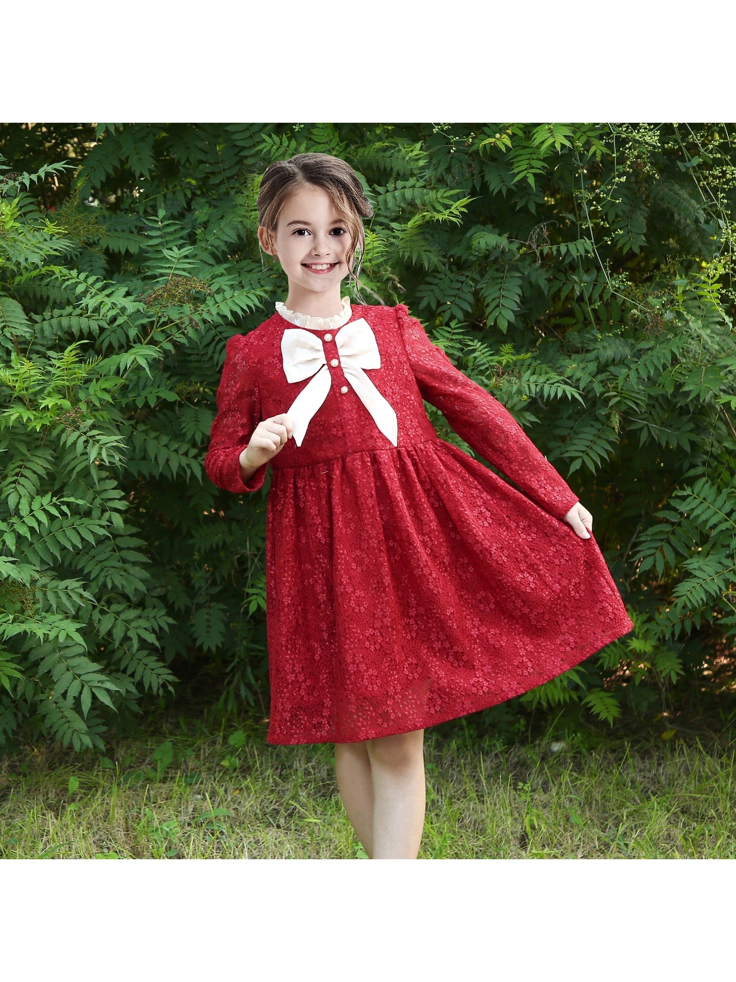 Girls Dress Flower Lace White Collar Skirt Dress Red