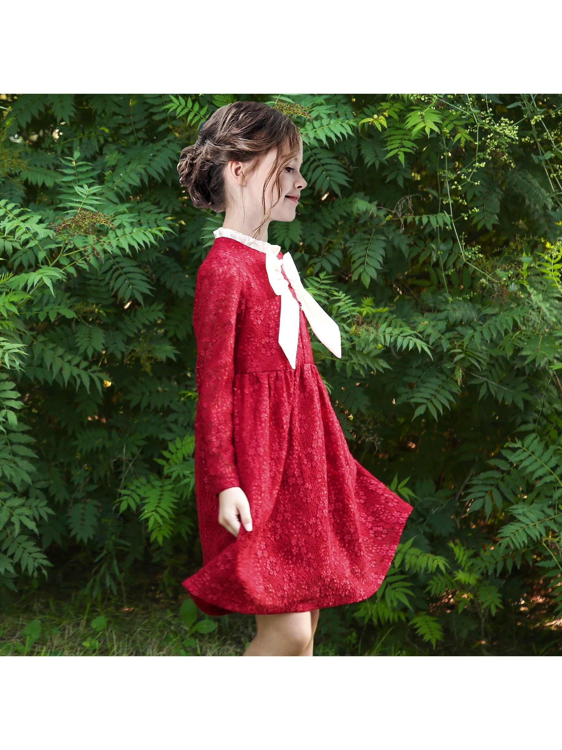 Girls Dress Flower Lace White Collar Skirt Dress Red